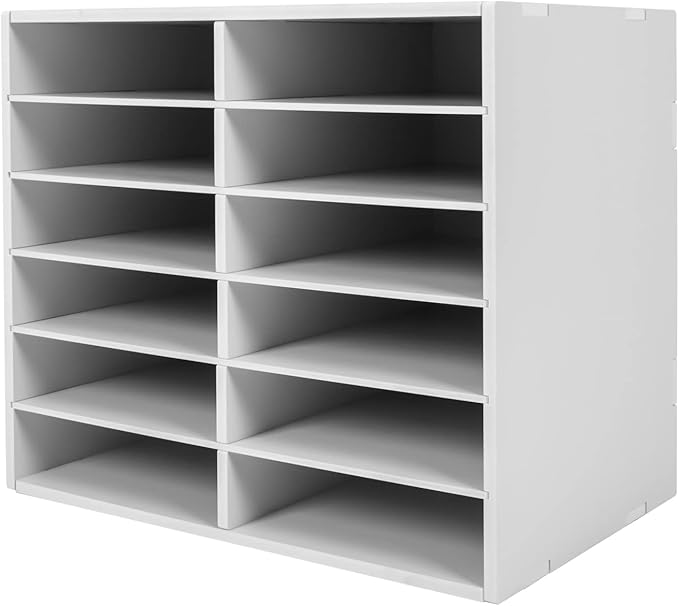 Literature Organizer 12 Slots, Compartments Mail Sorter Organizer, Adjustable Desktop File Organizer with Removable Shelves, Paper Organizer for Home Office School (White, 12 Slots)