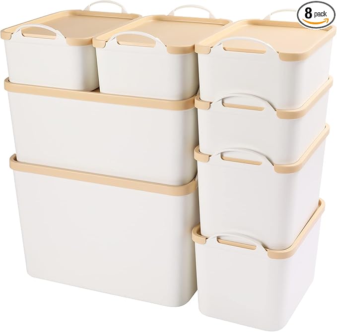 ANMINY 8PCS Plastic Storage Bins Containers with Lids, Large Storage Organization Bins Boxes, Lidded Plastic Storage Baskets for Closet Shelves Desktop, Wheat Lids, 1XL + 1L + 2M + 4S