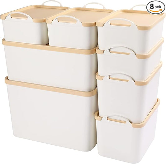ANMINY 8PCS Plastic Storage Bins Containers with Lids, Large Storage Organization Bins Boxes, Lidded Plastic Storage Baskets for Closet Shelves Desktop, Wheat Lids, 1XL + 1L + 2M + 4S