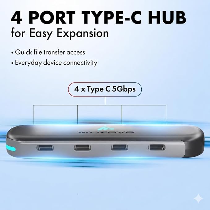 Type C to 4 in 1 Type C Hub, Wozoyo 4XType C 5 Gbps, Data Transfer Upto 5Gbps, Plug & Play, Multiport Type C Hub with 30cm Cable, Compatible with MacBook, Tablet, Smartphones and Type C Devices