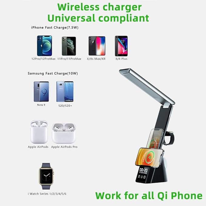 IHAO 6in1 Multifunctional Foldable LED Desk Lamp with Wireless Charger Digital Alarm Clock Eye-Care Lighting 3 Color Modes 15W Qi Charger for Phone/Headphones Compatible with iWatch Charger-N61 White