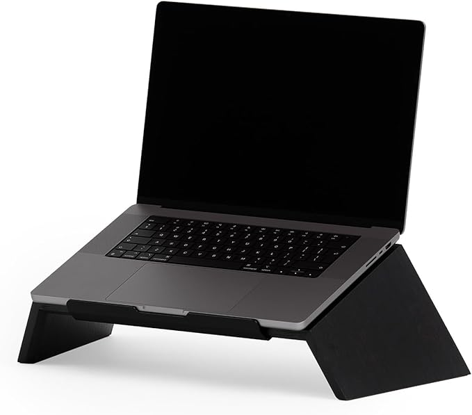 Oakywood Wooden Slanted Laptop Stand for Desk - Convenient Riser & Holder - Ergonomic Wood Stand - 45x22x14cm - for 13-14" Laptops Black