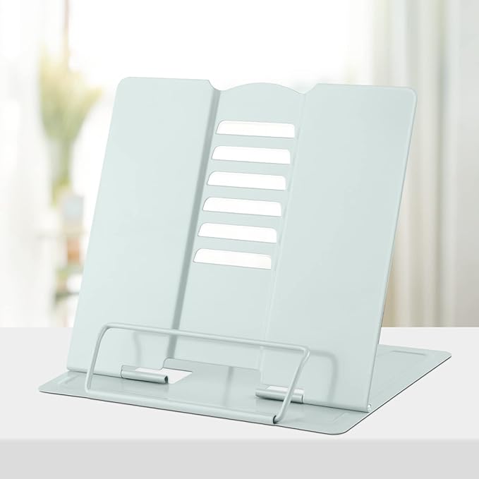 Honagu Book Stand Metal Desk Book Holder, Book Holders for Reading Hands Free, Adjustable Cookbook Documents Holder, Portable Bookstand for Music Books, Textbook, Recipe, Tablet, Ipad (Macaron Green)
