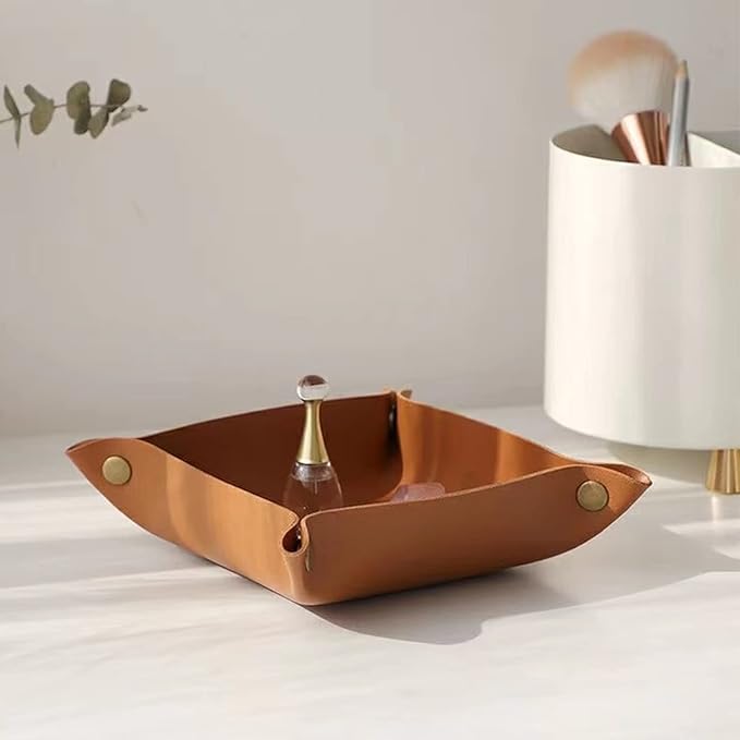 Valet Tray, EDC Catchall Tray for Keys, Watches, Jewelry, Coin and Wallet, Desktop Organizer (Brown-S)