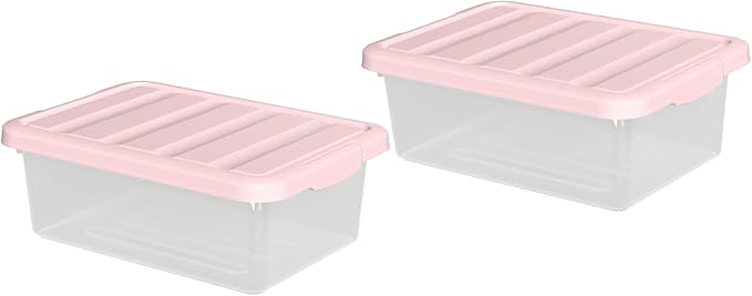 Set of 2 Clear Plastic Storage Organizer Bins with Pink Lids, 14 Quart, Versatile Organizer Container Boxes for Home, Office, and Garage