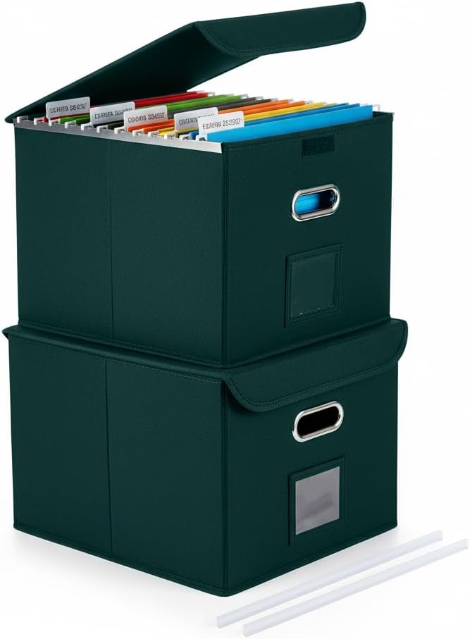 File Organizer Box with Lid, Large Hanging File Folder Organizer with Plastic Slide, Collapsible Portable Filing Storage Boxes for Office/Decor/Home (Dark Green, 14.9 x 12.59 x 10.8 inch, 2-Pack)