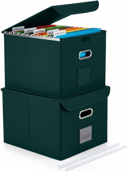 File Organizer Box with Lid, Large Hanging File Folder Organizer with Plastic Slide, Collapsible Portable Filing Storage Boxes for Office/Decor/Home (Dark Green, 14.9 x 12.59 x 10.8 inch, 2-Pack)