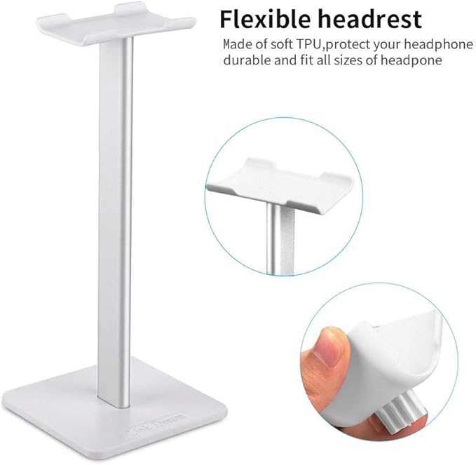Headphone Stand Headset Holder Gaming Headset Holder with Aluminum Supporting Bar Flexible Headrest Anti-Slip Earphone Stand for All Headphones, White
