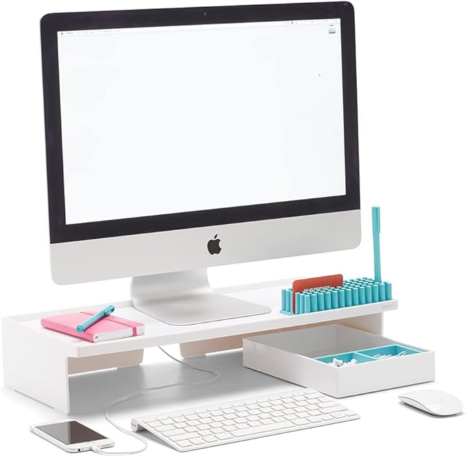Poppin White Monitor Riser - Lacquer-Like Finish, Cable Cutout in Back, Take Monitor to New Heights, Doubles As All-Purpose Shelf, Stacks with Accessory and Letter Trays, 21,1" x 10,6" x 4,1"
