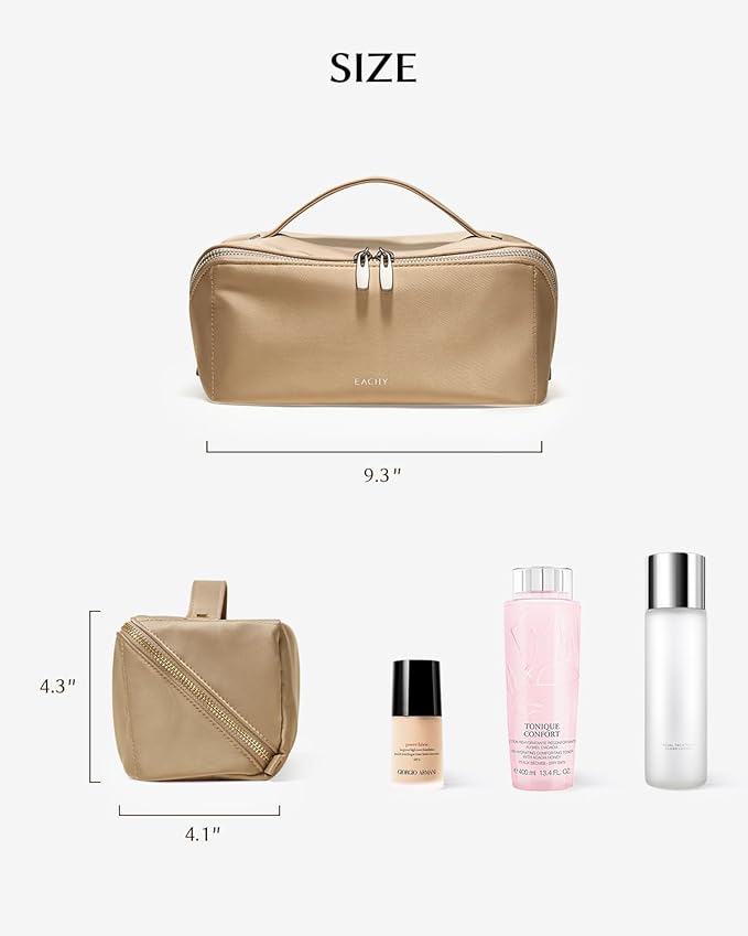 EACHY Travel Makeup Bag, Large Capacity Cosmetic Bag for Women, Waterproof PU Leather, Flat Open Portable Toiletry Bag for Skincare, Brushes & Travel Essentials