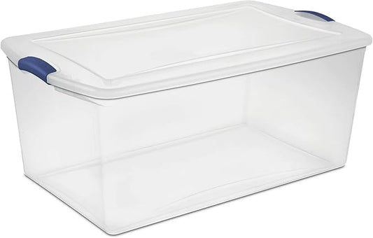 Blue 105 Quart Latch Box, Clear Plastic Storage Bin with Clear Lid