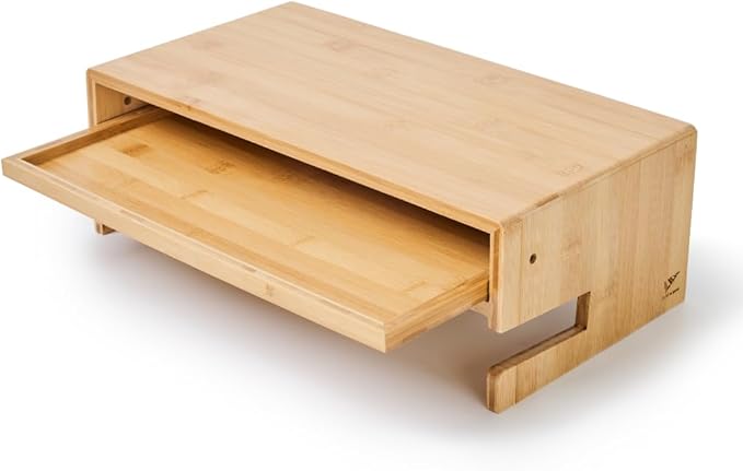 Monitor Stand Desk Top Organizer with Storage Drawer & Phone Holder,Bamboo Monitor Stand with Keyboard Tray, Wide Monitor Riser Non Slip Desk Riser