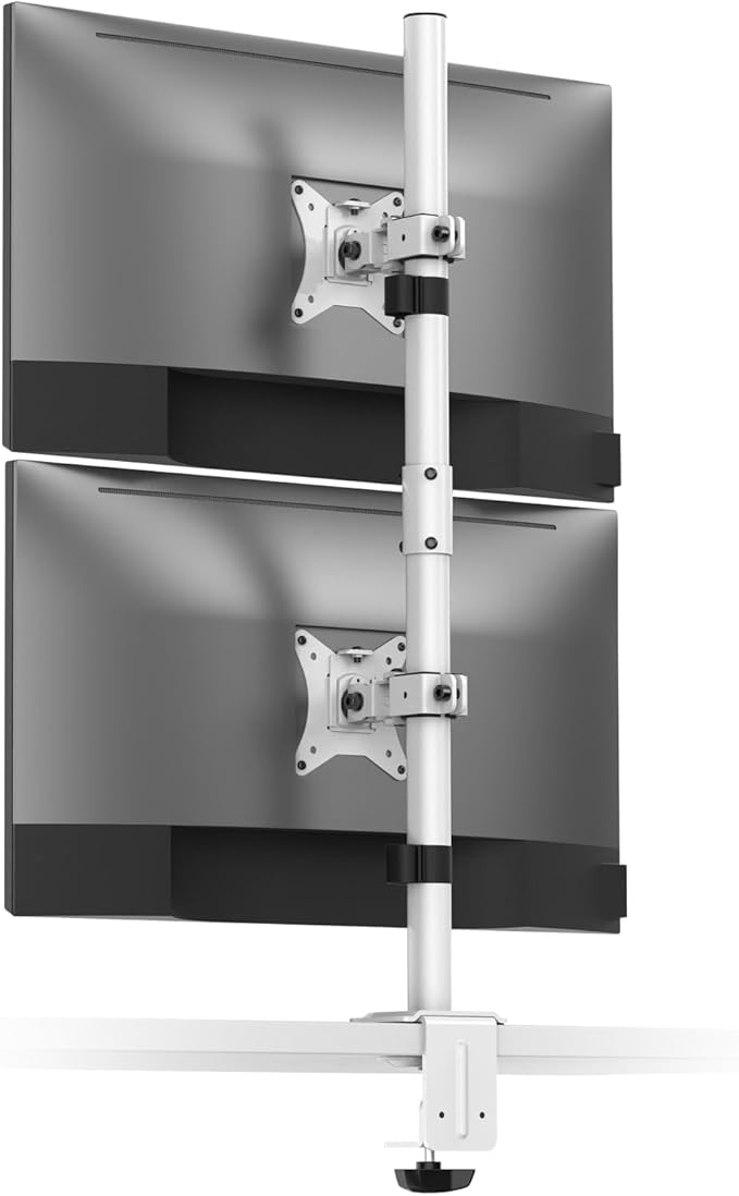 Desky Eco Stacked Arm ??Flexible Stand for 17??2'' Screens ??Space-Saving Desk Mount for 2 Displays ??VESA-Compatible Ergonomic Setup - White