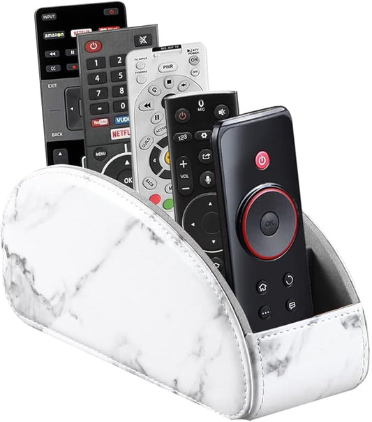 Arnice PU Leather Remote Holder, Arc Shape Caddy Desktop Organizer with 5 Spaces for TV, DVD Remotes, Media Controllers, Pen, Pencil, Office Supplies (White)
