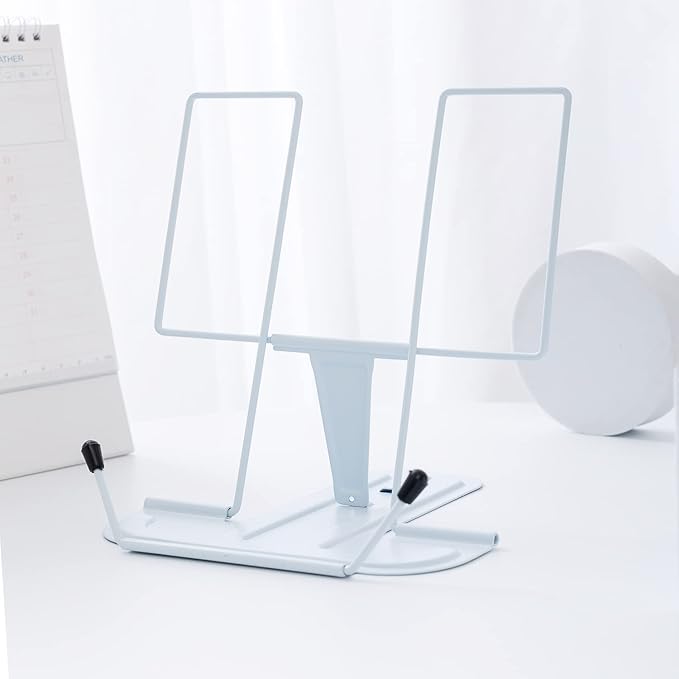 Metal Book Stand for Desk, Adjustable Reading Rest Book Holder, Portable Cookbook Documents Holder, Sturdy Typing Stand for Recipes Textbooks Tablet Music Books with Page Clips (Light Blue)