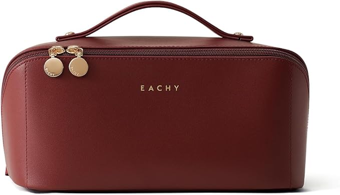 EACHY Travel Makeup Bag, Large Capacity Cosmetic Bag for Women, Waterproof PU Leather, Flat Open Portable Toiletry Bag for Skincare, Brushes & Travel Essentials