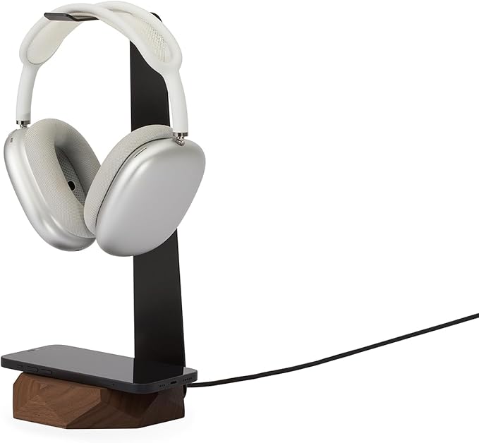 Oakywood 2-in-1 Wooden Headphone Stand with Wireless Charging - Wood Headphone Holder ??Stainless-Steel Base ??Handcrafted Headphones Stand for Desk - Qi-Compatible Wireless Charging ??Walnut