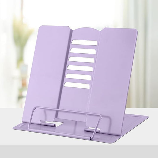 Honagu Book Stand Metal Desk Book Holder, Book Holders for Reading Hands Free, Adjustable Cookbook Documents Holder, Portable Bookstand for Music Books, Textbook, Recipe, Tablet, Ipad (Light Purple)