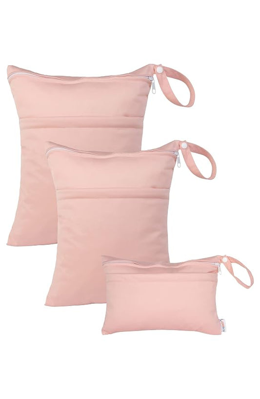 ALVA ALVABABY 3pcs Baby Cloth Diaper Wet/Dry Bags|Waterproof Reusable with Two Pockets|Travel, Beach, Pool, Daycare, Soiled Baby Items,Yoga，Gym Bag for Swimsuits or Wet Clothes Pink