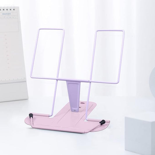 MSDADA Metal Book Stand for Desk, Adjustable Reading Rest Book Holder, Portable Cookbook Documents Holder, Sturdy Typing Stand for Recipes Textbooks Tablet Music Books(Purple+Macaron Pink)