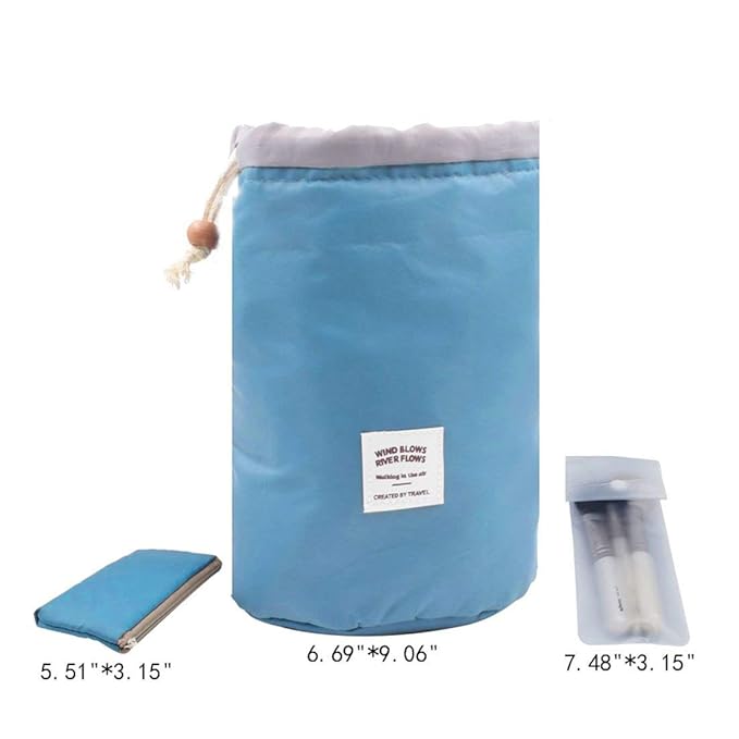 INVODA Cosmetic Bag for Women Barrel Shaped Travel Makeup Bags Large Capacity Soft Waterproof Portable Drawstring Cosmetic Bag Multifunctional Bucket Toiletry Bag (Blue)