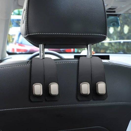 Car Seat Headrest Double Hooks Organizer 1-4 Pack – Heavy Duty Leather & Metal Hook for Bags, Purses, Wallets – Phone Mount – Fits Most Vehicles (black-2pcs)
