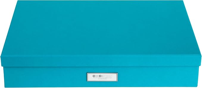 Bigso Sverker Fiberboard Legal and Art Storage Box | Scrapbook Storage Box for Loose Papers and More | Durable Document Boxes with Lid and Metal Label Holder | 17.1’’ x 12.2’’ x 3.3’’ | Turquoise