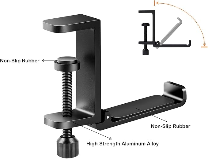 Metal Heavy Duty Foldable Headphone Holder for Desk, Headset Stand for Desk,Backpack Holder Hook for Desk,Bag Hook Under Desk,Clamp Hook for Desk Attachments,Black