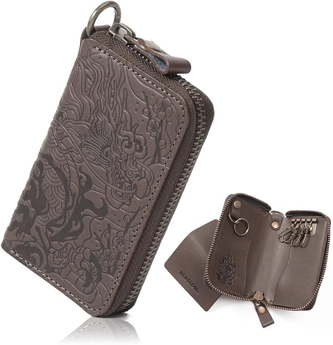 Red Glow Men’s Genuine Leather Smart Key Case, Multi-Function Dragon Pattern with 4 Key Rings & Removable Ring (RG-009)