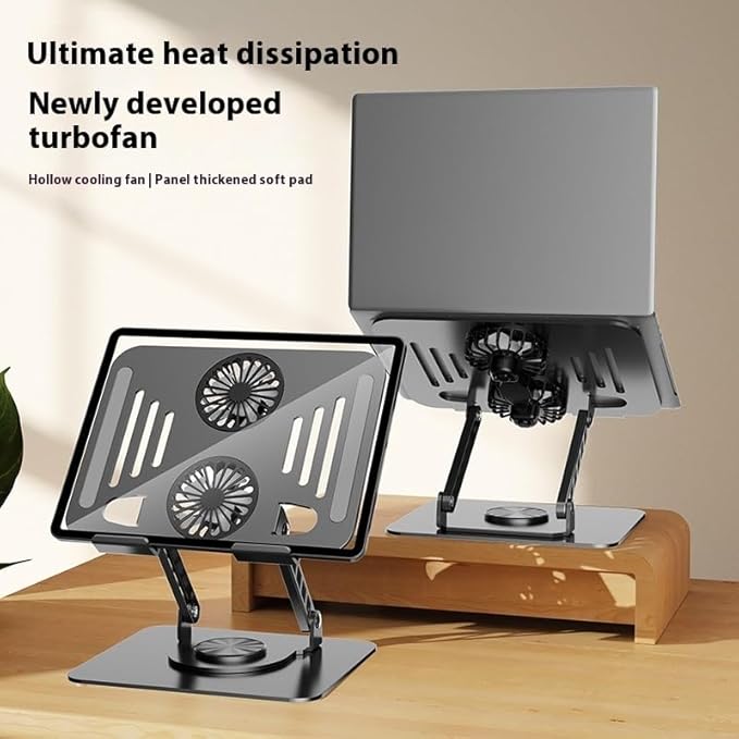 360° Rotatable Carbon Steel Laptop Stand ??Adjustable Height, Tablet Lift, Cooling & Folding Desktop Holder | Soporte Giratorio de Acero para Laptop, Ajustable, Elevador, Plegable y Ventilado