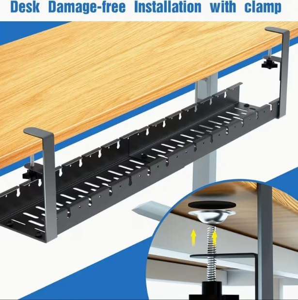 Extendable Under Desk Cable Management Tray, 17"-28.7" Clamp On Cord Organizer, No Drilling Metal Cable Management Holds Up to 11 lbs, Desk Storage for Office and Gaming Accessories