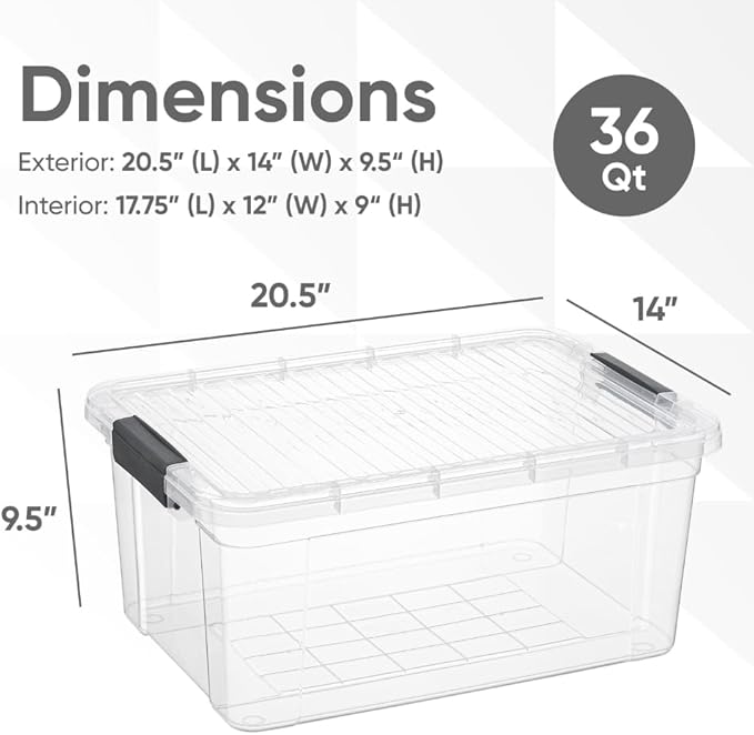 Superio Clear Storage Box with Lid, 36 Quart Plastic Container Bins for Organizing, Stackable Crates, BPA Free, Non Toxic, Odor Free, Organizers for Home, Office, School, and Dorm