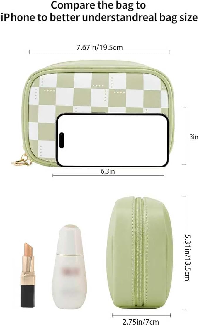 RIGHT AWAY Checkered Makeup Bag for Purse,Small Cosmetic Bag Organizer for Women, Travel Make Up Pouch Waterproof Toiletry Bag Cute Makeup Case for Travel Accessories(Green Checkerboard)