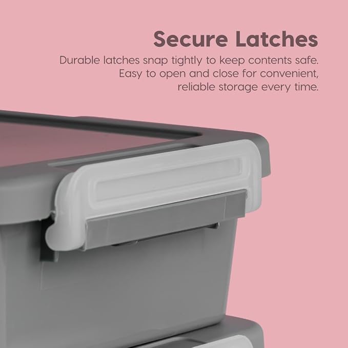 IRIS USA 3 Qt. Plastic Craft Storage Container Bins with Lids, 4 Pack, Small Art & Office Supply Organizer Tote, Sensory Bins & Boxes for Home & University, Stackable, Secure Latch Buckles, Gray