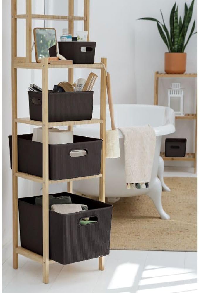 Decorative Plastic Basket Lidded Home Storage Bins Organizer Baskets, Large Brown (1 Pack - 15 Liter) Stackable Container Box, for Organizing Closet Storage Bins for Shelves - Ribbed Collection
