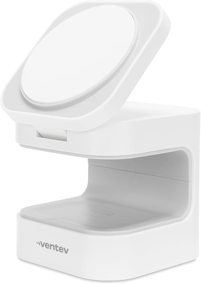 Ventev – 15W Qi2 MagSafe Wireless Charger Stand, 2-in-1 Charging Station for iPhone 16/16 Pro, 15/14/13, AirPods Pro | Fast Wireless Charger with Adjustable Stand, 5W Earbuds Pad, 30W Adapter – White