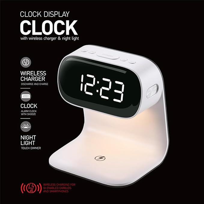 AYI 3in1 Wireless Charging Station with Alarm Clock & Night Light 15W Fast Charge for Phone & Earbuds Digital Clock with Dual Alarm 3-Level Dimmable LED Touch Lamp Large Display for Bedroom-A40