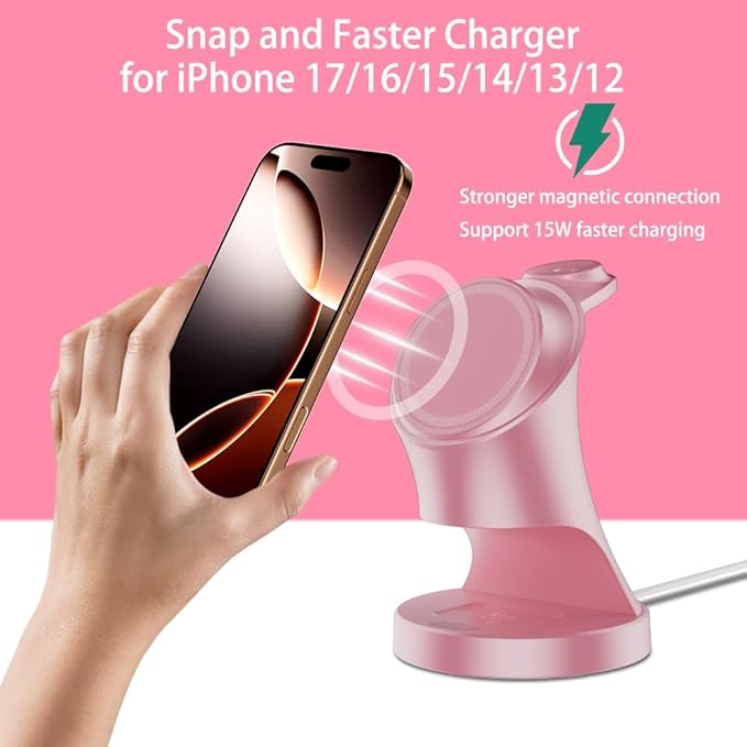Wireless Charger,3 in 1 Magnetic Wireless Charger Stand, Fast Wireless Charging Dock for iPhone 17/16/15/14/13/12 Series, Apple Watch Series, AirPods Pro.