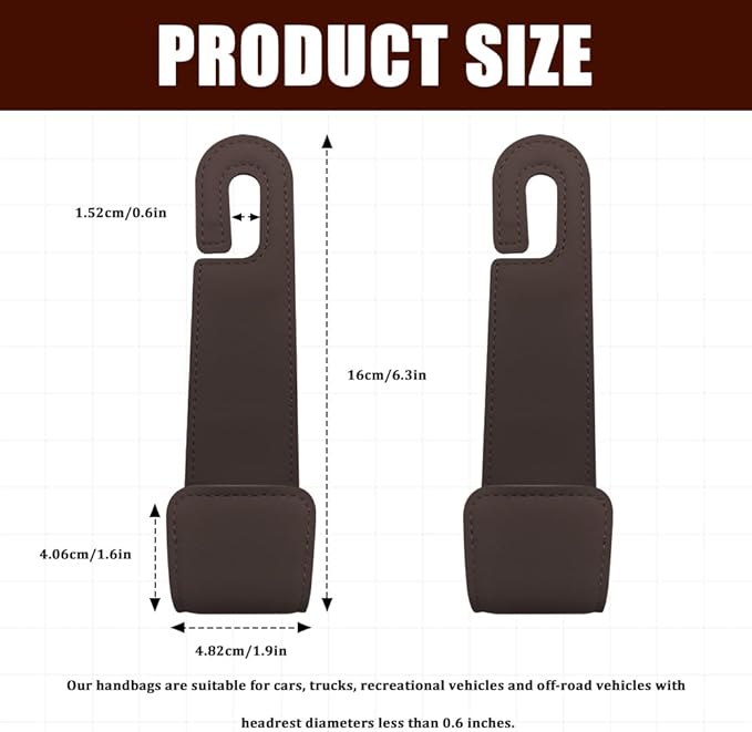 Car Seat Headrest Hooks, Purse Hook for Car, Automotive Headrest Handbags Holder, Auto Accessories Leather Seatback Organizer Hanger for Hanging Purses Bags Coats (Brown, 1PCS)