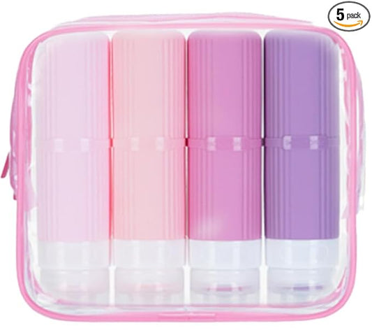 5 packs of toiletries travel bottles, TSA Approval silicone travel containers, leak proof refillable shampoo and conditioner are essential for travel, fitness, business trips, office use(pink)