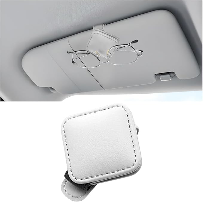 Sunglasses Holder for Car Visor, Magnetic Leather Vehicle Glasses Ticket Card Clip, Automotive Interior Eyeglass Hanger Organizer Accessories, Universal for SUV, Sedan, Truck (White)