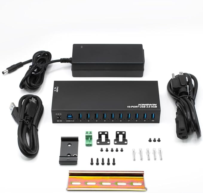 Kingwin Industrial USB 3.0 Hub 10-Port, Heavy-Duty Metal Mountable USB Hub with Power Adapter, 5Gbps SuperSpeed Powered USB Splitter for PC, Laptop, Mac, POS Systems & Factory Automation