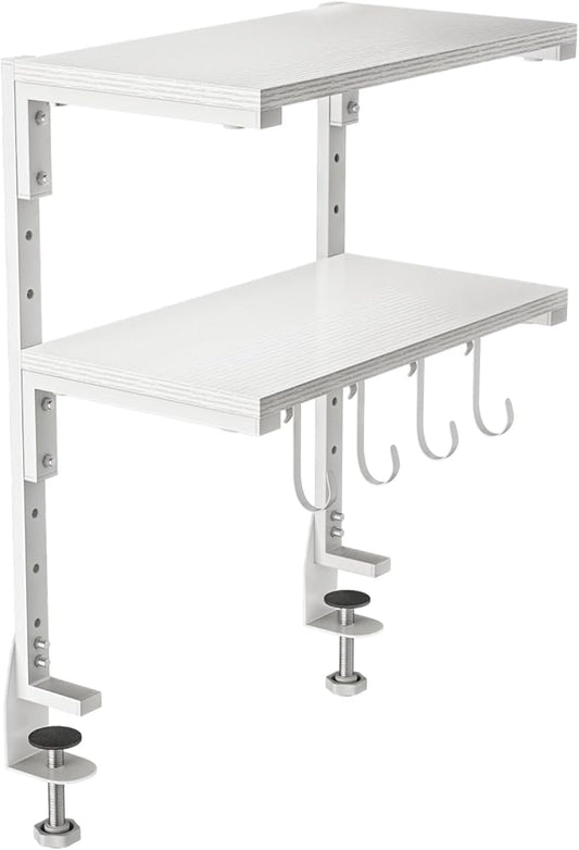 2-Tier Clamp On Desk Shelf, Clamp on Desk Shelf, 13 inch Adjustable Above or Under Wood Desk Storage Shelves, Heavy Duty Desktop Organizer for Working and Gaming Accessories, White