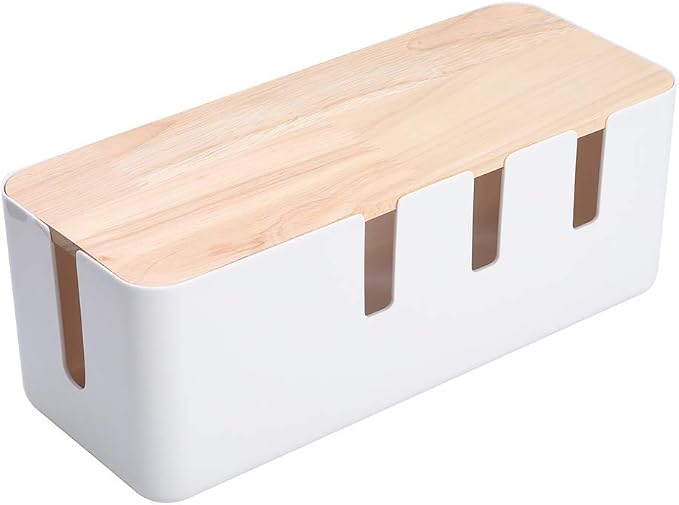 Cable Management Box Organizer with Wooden Cover, 30.3x12.5x11.5cm, for Home Office Desks, ABS Rubber Wood