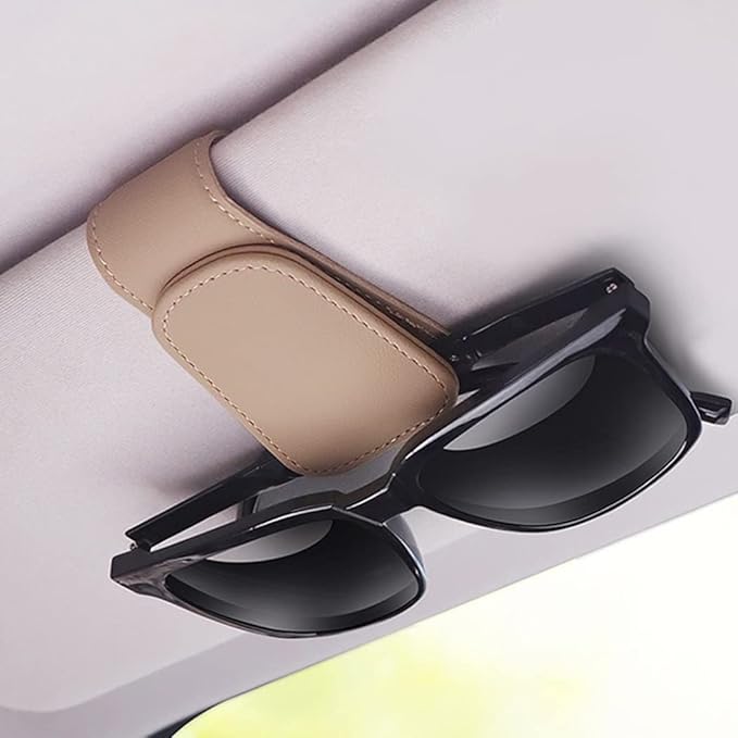 Sunglass Holder for Car Sun Visor, Magnetic Eyeglass Hanger Clip for Car Visor, Leather Car Glasses Mount, Car Interior Visor Accessories (Beige-1Pcs)