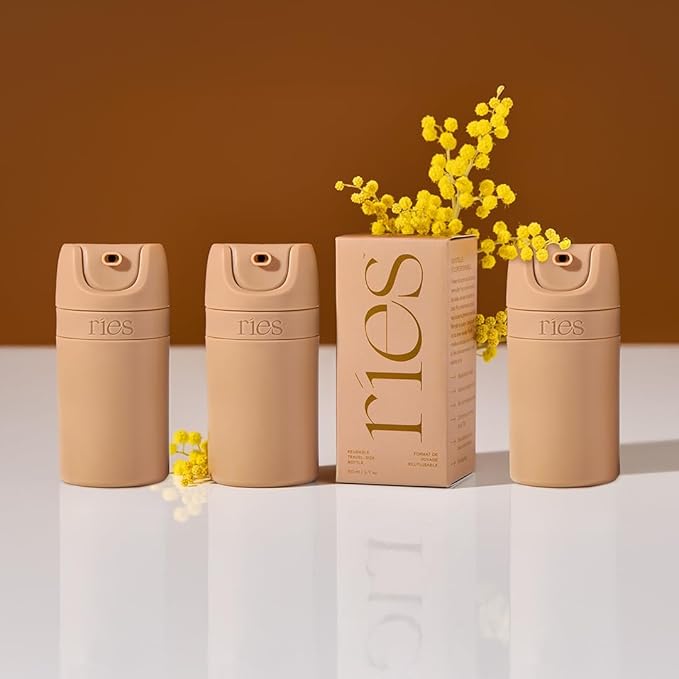 RIES Starter Set Toiletry Travel Bottles – Set of 3 (1.7oz) Airless Pump Containers for Shampoo, Conditioner, Body, Face – Leak-Proof, TSA-Approved, Dishwasher Safe- (Outlier Sand)
