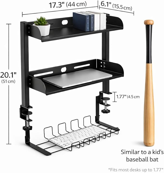 Clamp On Desk Shelves Organizer, Adjustable 2-Tier Desk Storage Rack with Large Trays, Phone Stand & Headphone Hook, No-Drill Setup for Office & Gaming Desks