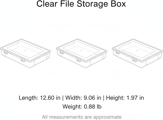 Low-Profile Rectangular File Box with Handle, Transparent PP Plastic Document Organizer for Desktop Storage