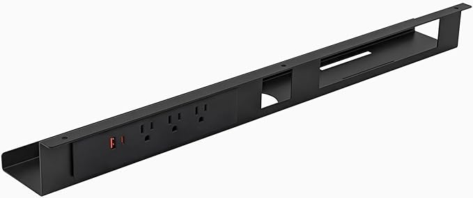 Desky Mini Cable Tray – Under Desk Wire Organizer with Mounting Screws, Compact Metal Cable Management Tray for Office Desks – Black, 4 Plug