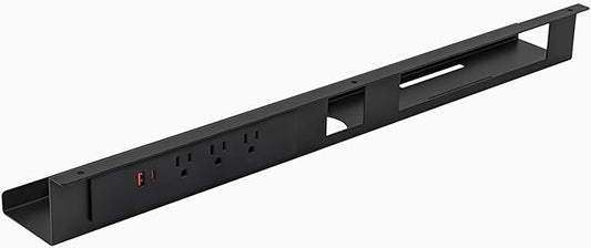 Desky Mini Cable Tray – Under Desk Wire Organizer with Mounting Screws, Compact Metal Cable Management Tray for Office Desks – Black, 4 Plug
